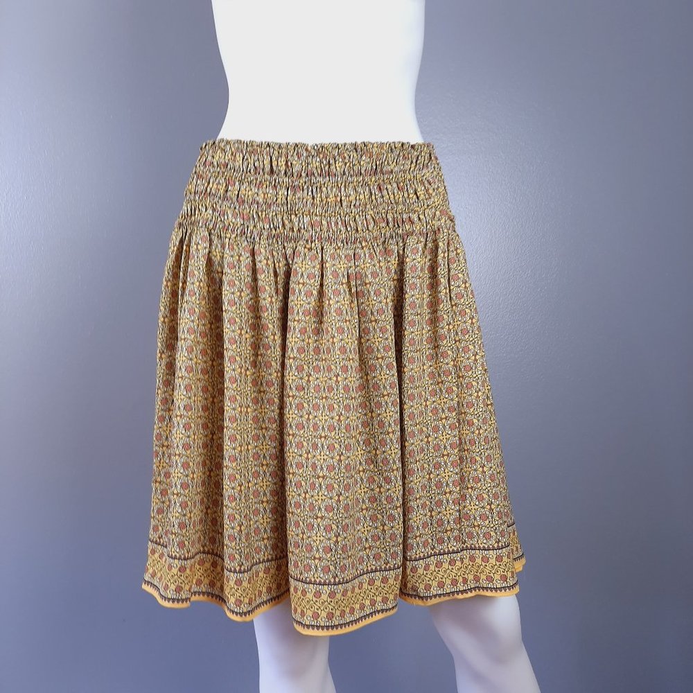 Max Studio Womens Smocked Waist Skirt Size Large Yellow Floral Print Knee Length